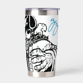 Stainless Steel Thermal Tumbler, front — customized from one of Ray Patrick's drawings, made by @rayrayishappy at rayrayisHAPPY.com - Dick Masterson, Cartoons, B&W, Concept art, Ink