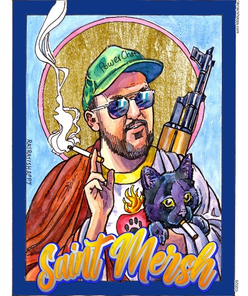 Men's Designer T-Shirt, the printed artwork — customized from one of Ray Patrick's paintings, made by @rayrayishappy at rayrayisHAPPY.com - Mersh, Cartoons, Color, Illustration, Concept art, Pop art, Watercolor