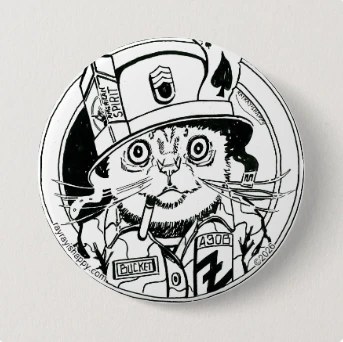 3" Button, front — customized from one of Ray Patrick's paintings, made by @rayrayishappy at rayrayisHAPPY.com - Cartoons, Comics, Pussy Wrangler, ROTC, B&W, Doodles, Ink