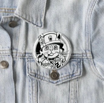 3" Button, jacket — customized from one of Ray Patrick's paintings, made by @rayrayishappy at rayrayisHAPPY.com - Cartoons, Comics, Pussy Wrangler, ROTC, B&W, Doodles, Ink