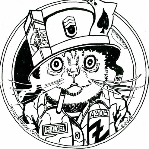3" Button, the printed artwork — customized from one of Ray Patrick's paintings, made by @rayrayishappy at rayrayisHAPPY.com - Cartoons, Comics, Pussy Wrangler, ROTC, B&W, Doodles, Ink