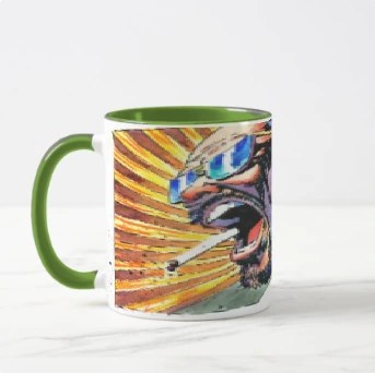 Coffee Mug, top — customized from two of Ray Patrick's paintings, made by @rayrayishappy at rayrayisHAPPY.com - Mersh, Cartoons, Comics, Kitty City, Pussy Wrangler, ROTC, B&W, Doodles, Pop art, Ink