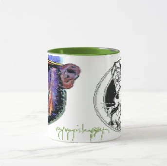 Coffee Mug, center — customized from two of Ray Patrick's paintings, made by @rayrayishappy at rayrayisHAPPY.com - Mersh, Cartoons, Comics, Kitty City, Pussy Wrangler, ROTC, B&W, Doodles, Pop art, Ink