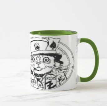 Coffee Mug, bottom — customized from two of Ray Patrick's paintings, made by @rayrayishappy at rayrayisHAPPY.com - Mersh, Cartoons, Comics, Kitty City, Pussy Wrangler, ROTC, B&W, Doodles, Pop art, Ink