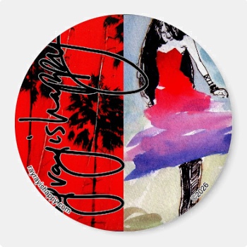 3" Round Fridge Magnet, front — customized from two of Ray Patrick's paintings, made by @seashellsnsocal at rayrayisHAPPY.com - Fashion, Palm trees, Pop art, Ink, Oil, Watercolor