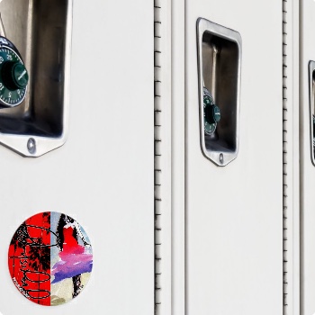 3" Round Fridge Magnet, locker — customized from two of Ray Patrick's paintings, made by @seashellsnsocal at rayrayisHAPPY.com - Fashion, Palm trees, Pop art, Ink, Oil, Watercolor