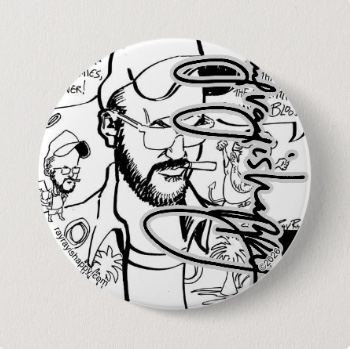 3" Button, front — customized from one of Ray Patrick's drawings, made by @seashellsnsocal at rayrayisHAPPY.com - Mersh, Cartoons, ROTC, B&W, Ink