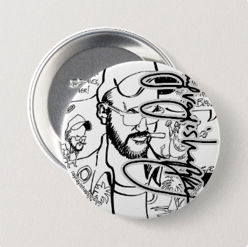 3" Button, both — customized from one of Ray Patrick's drawings, made by @seashellsnsocal at rayrayisHAPPY.com - Mersh, Cartoons, ROTC, B&W, Ink