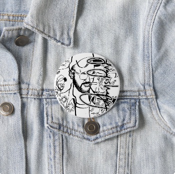 3" Button, jacket — customized from one of Ray Patrick's drawings, made by @seashellsnsocal at rayrayisHAPPY.com - Mersh, Cartoons, ROTC, B&W, Ink